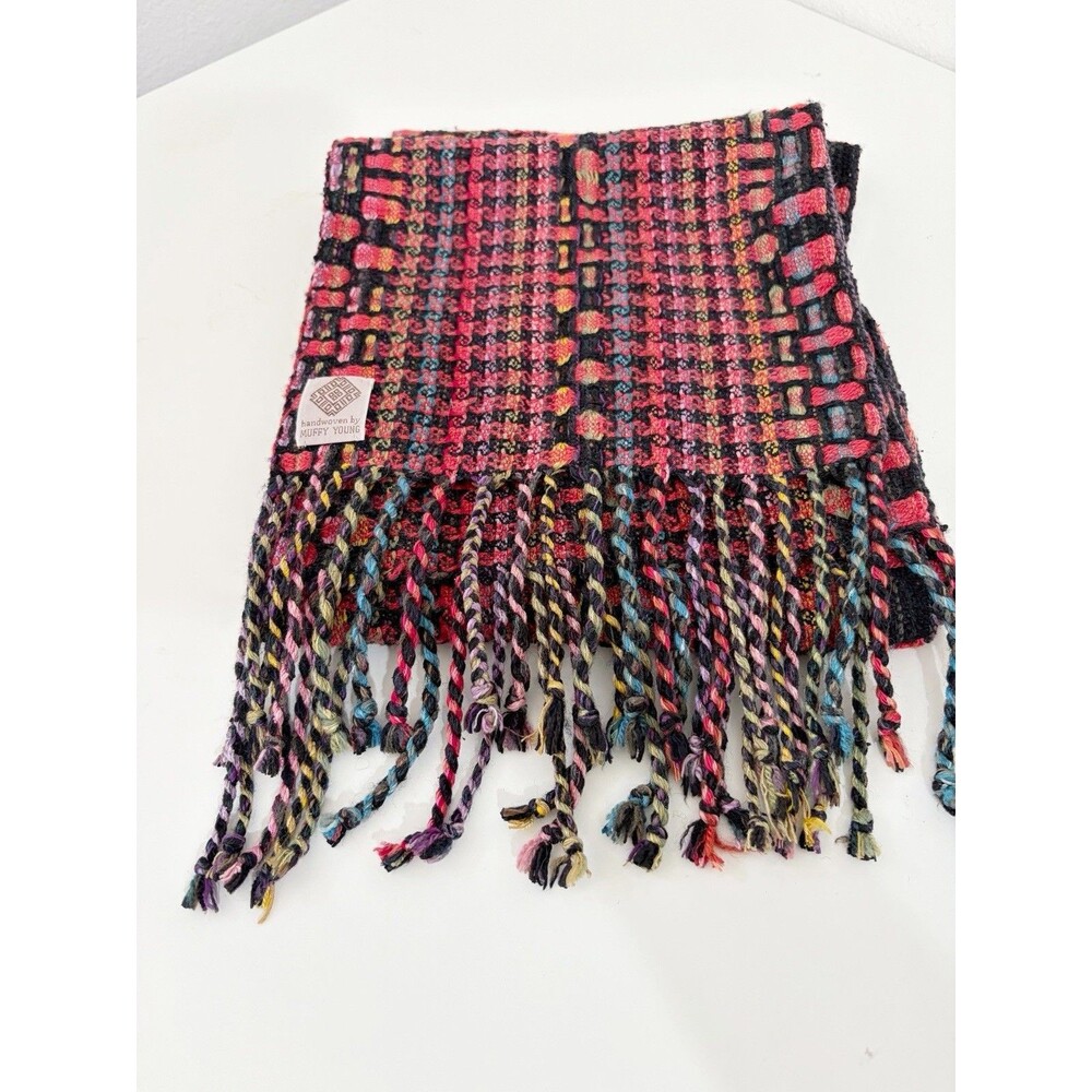 Muffy Young  Handwoven Handweaving Scarf in Black And Bright Colors Preowned - Picture 2 of 10